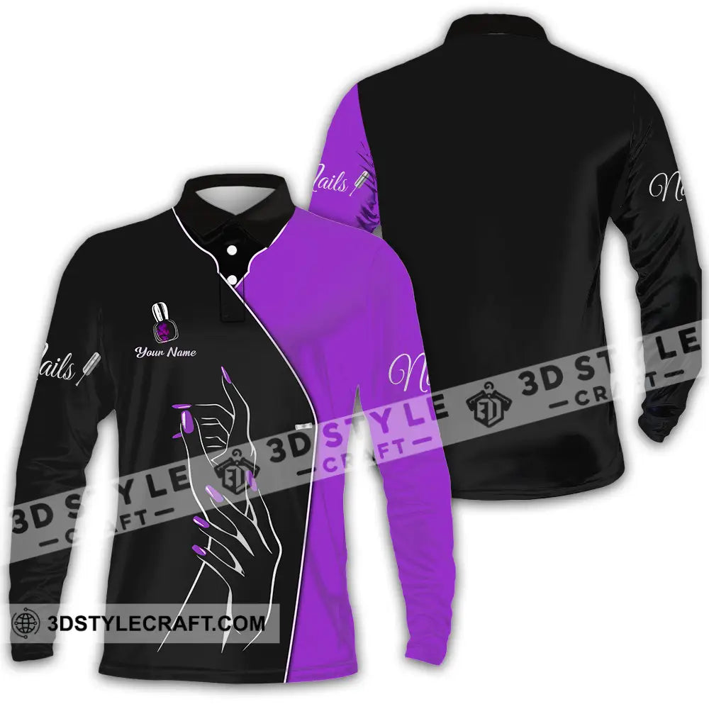 Unisex Shirt - Custom Name Purple Nails Long Sleeve Polo / S T-Shirt