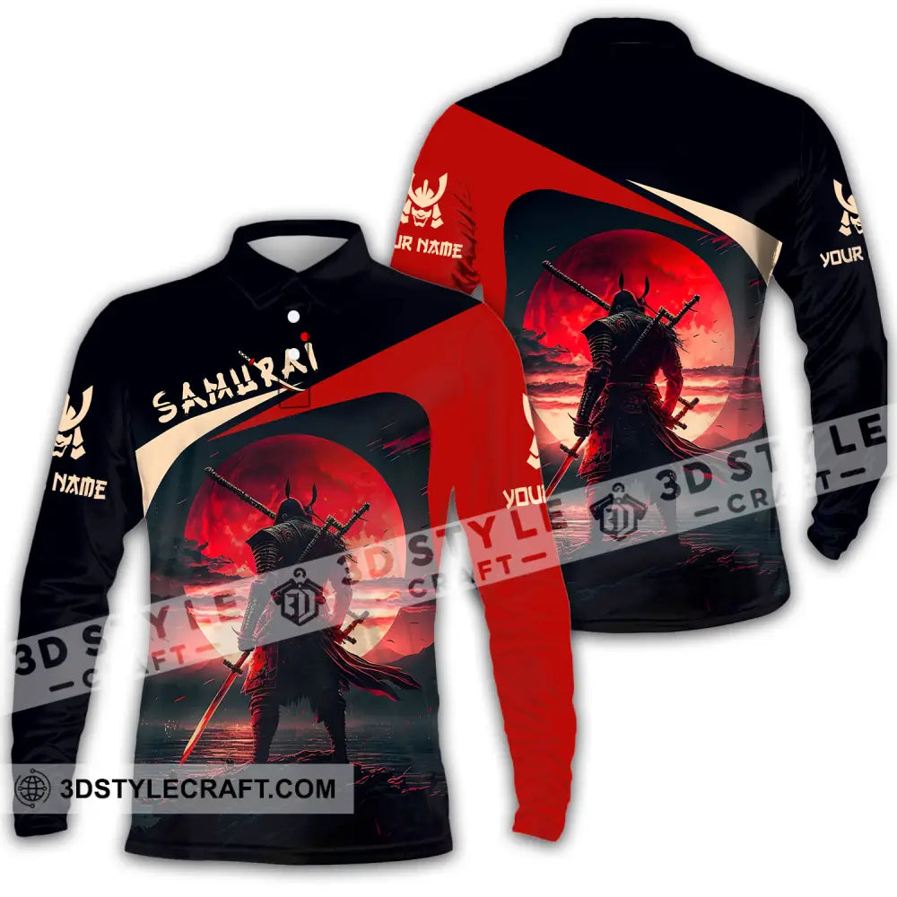 Unisex Shirt - Custom Name Samurai Red Black Long Sleeve Polo / S T-Shirt