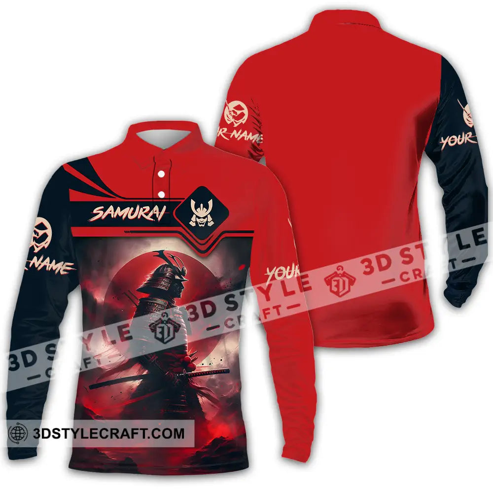 Unisex Shirt - Custom Name Samurai Red Moon Long Sleeve Polo / S T-Shirt