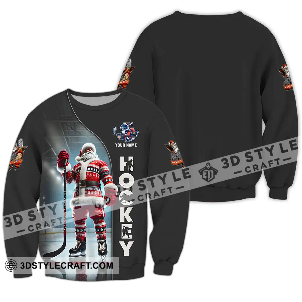 Unisex Shirt - Custom Name Santa Hockey Long Sleeve / S T-Shirt