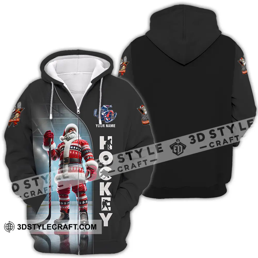 Unisex Shirt - Custom Name Santa Hockey Zipper Hoodie / S T-Shirt