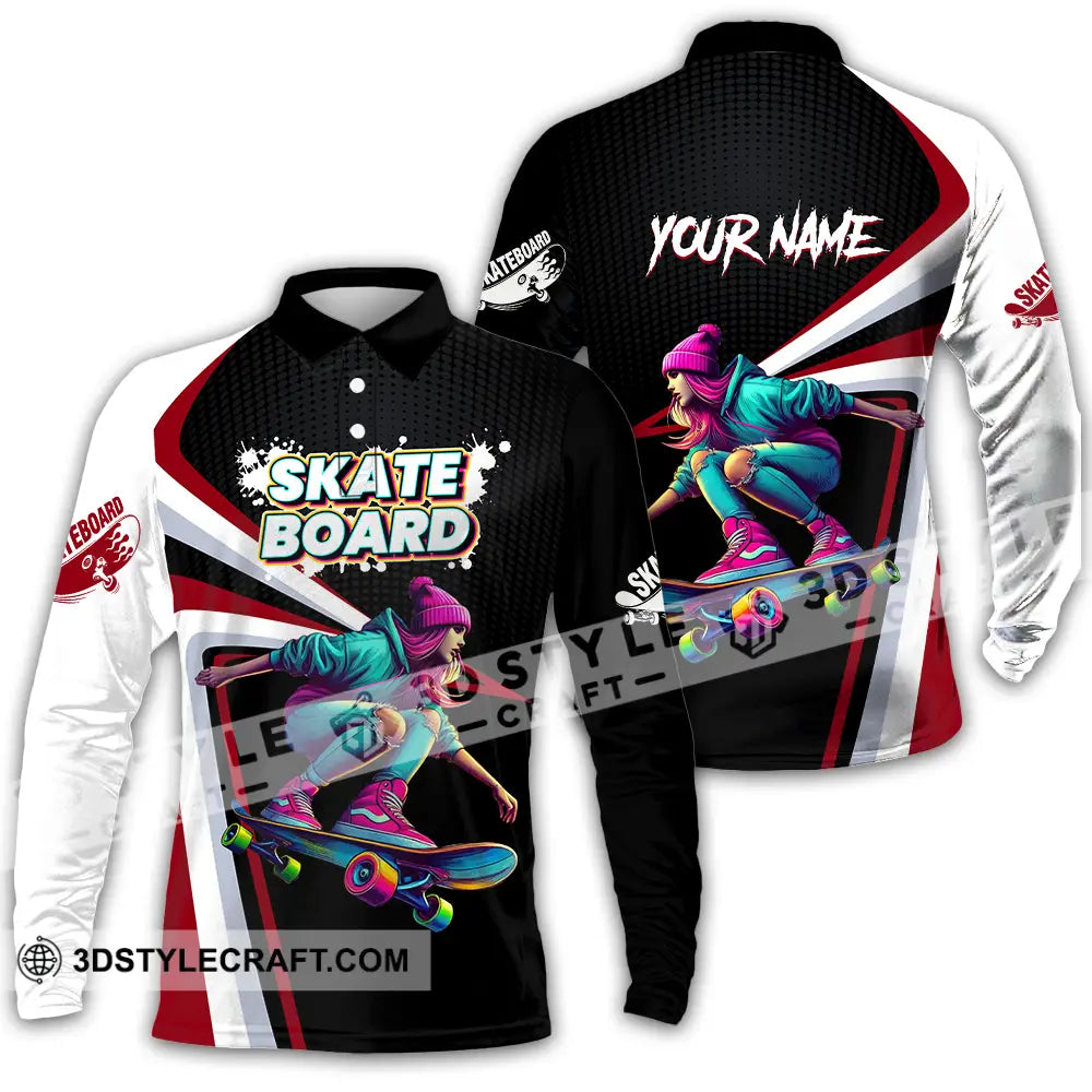 Unisex Shirt - Custom Name Skateboarding Player Dark Sport Long Sleeve Polo / S T-Shirt