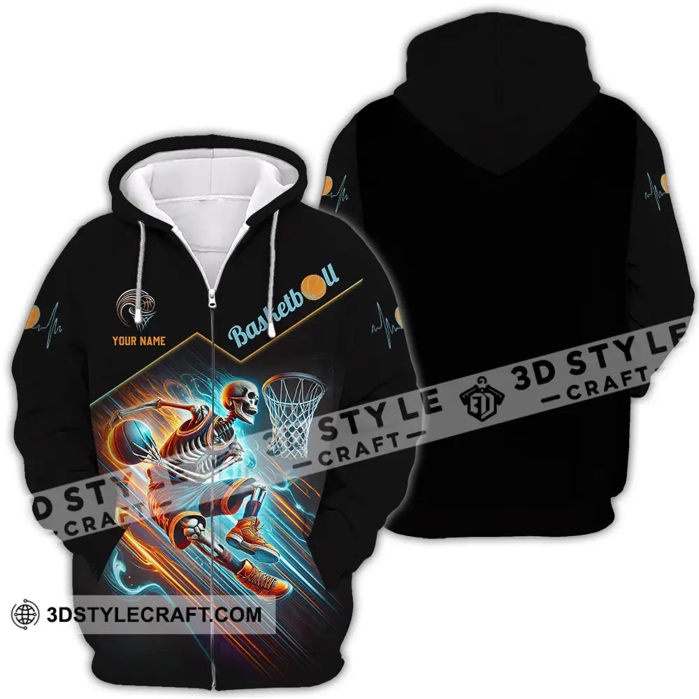 Unisex Shirt - Custom Name Skeleton Basketball Zipper Hoodie / S T-Shirt