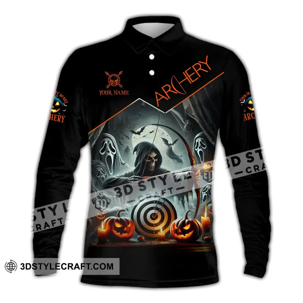 Unisex Shirt - Custom Name Skull Archery Target Long Sleeve Polo / S T-Shirt