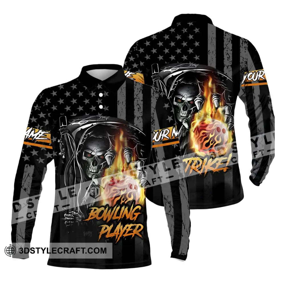 Unisex Shirt - Custom Name Skull Bowling Player Long Sleeve Polo / S T-Shirt