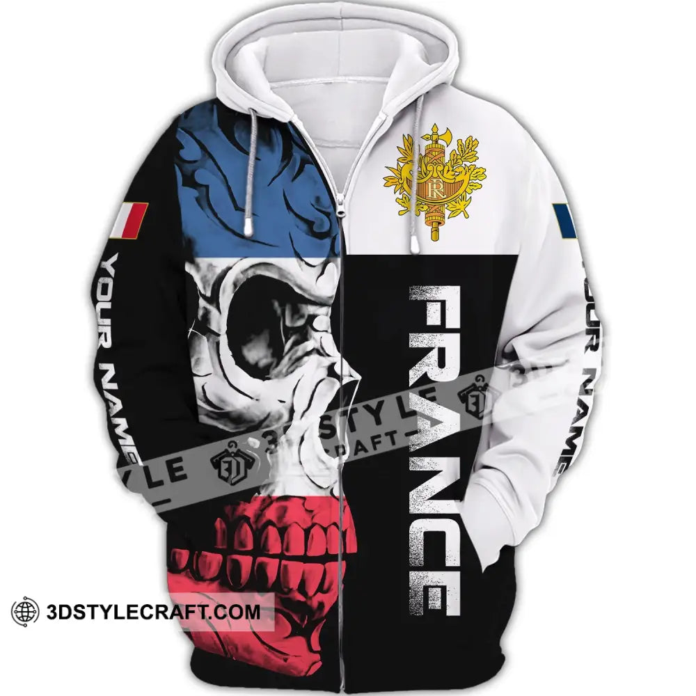 Unisex Shirt - Custom Name Skullcap France Flag Color Zipper Hoodie / S T-Shirt