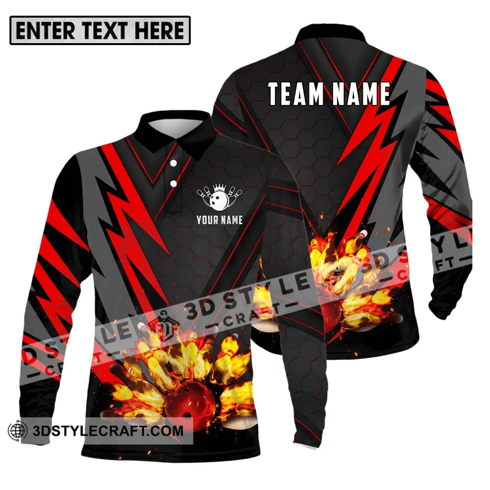 Unisex Shirt - Custom Name Sport Fire Bowling Pins And Ball Long Sleeve Polo / S T-Shirt