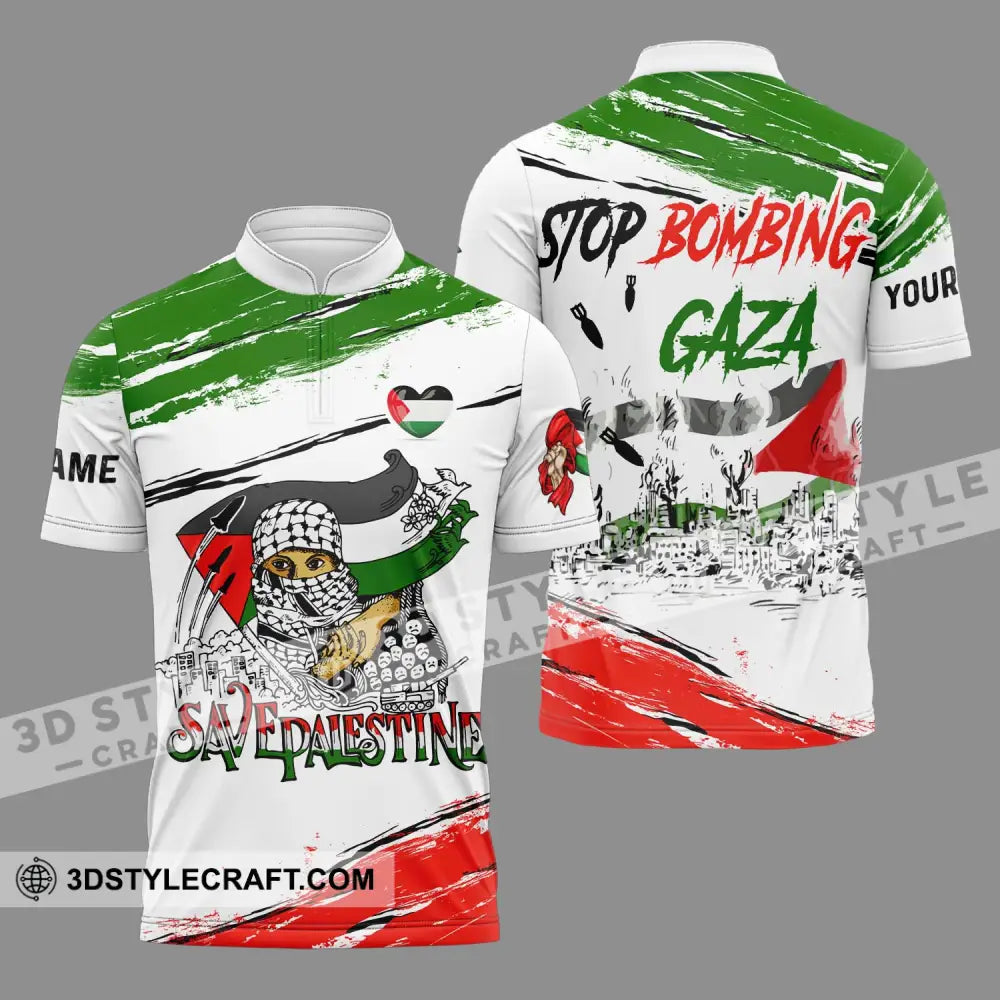 Unisex Shirt - Custom Name Stop Bombing Gaza Zipper Polo / S T-Shirt