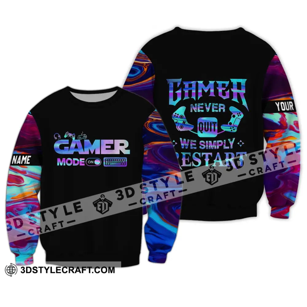 Unisex Shirt - Custom Name T-Shirt Gamer Mode On Never Quit We Simple Restart Long Sleeve / S