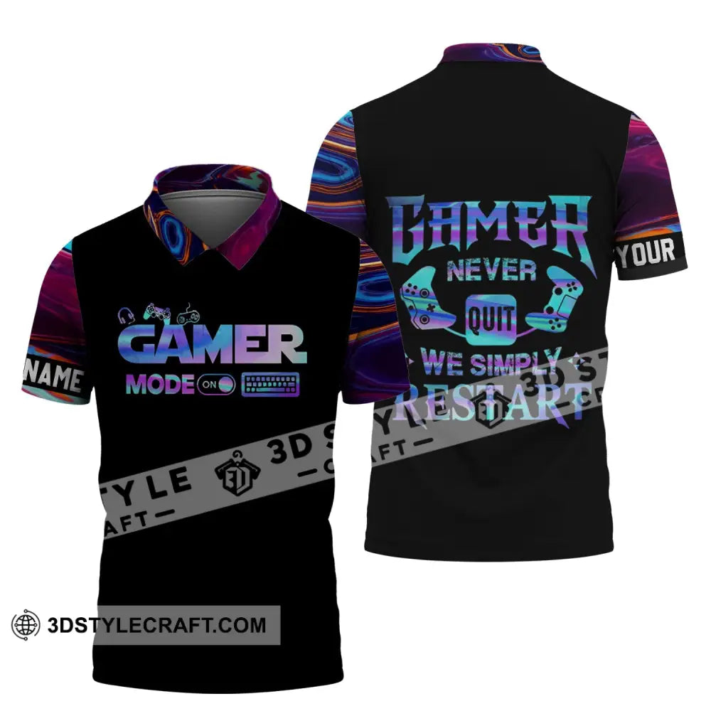 Unisex Shirt - Custom Name T-Shirt Gamer Mode On Never Quit We Simple Restart Polo / S T-Shirt