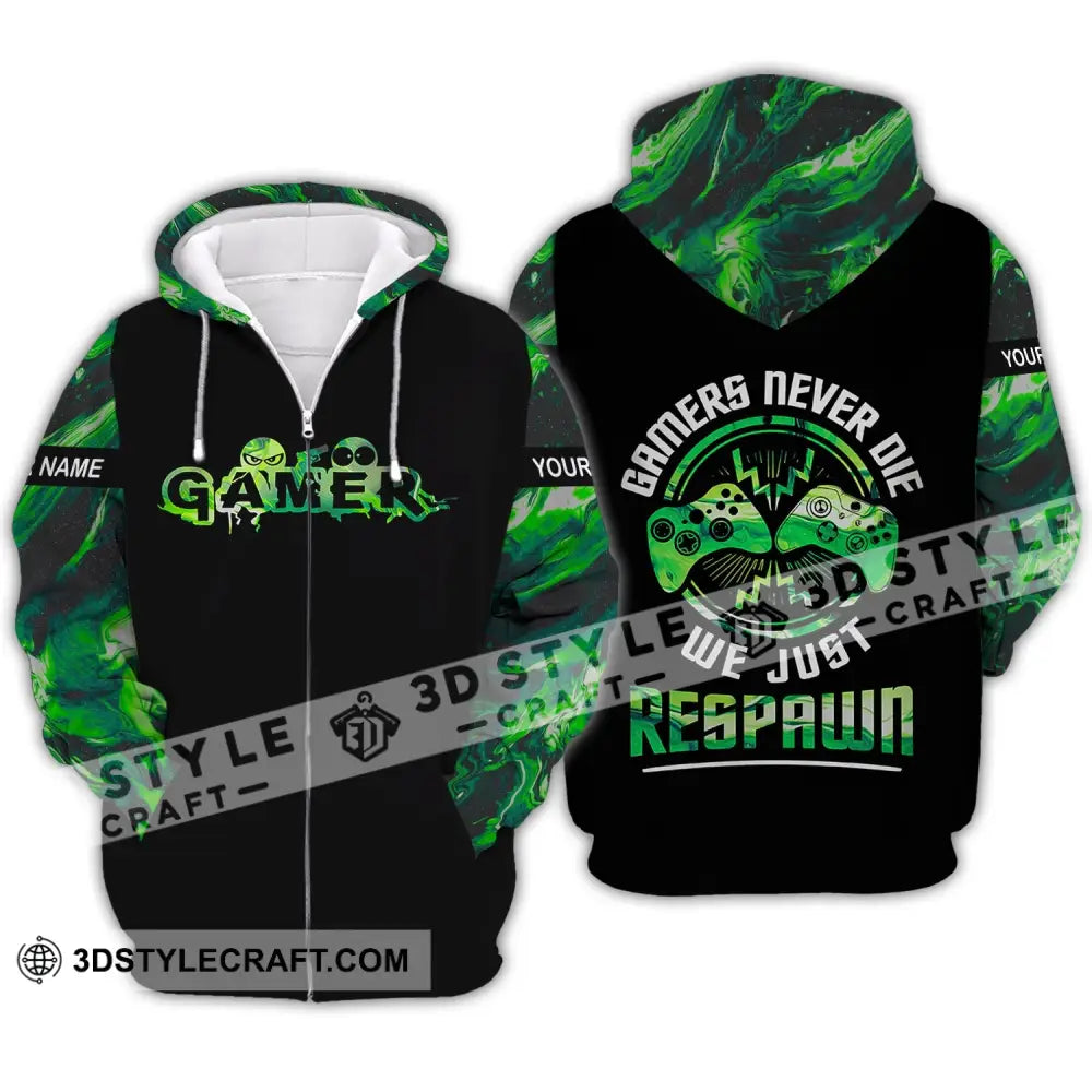 Unisex Shirt - Custom Name T-Shirt Gamers Never Die We Just Respawn Zipper Hoodie / S T-Shirt