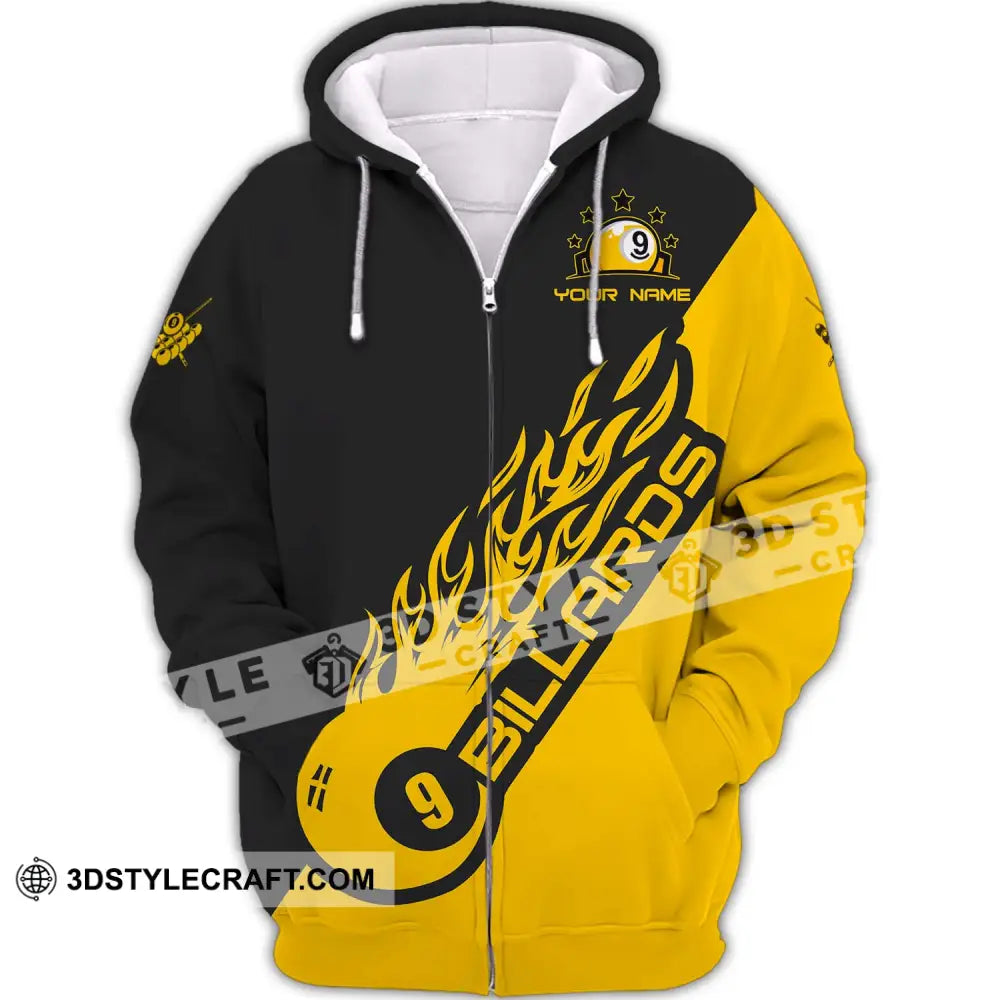 Unisex Shirt - Custom Name Team Billiard Yellow Fire Zipper Hoodie / S T-Shirt