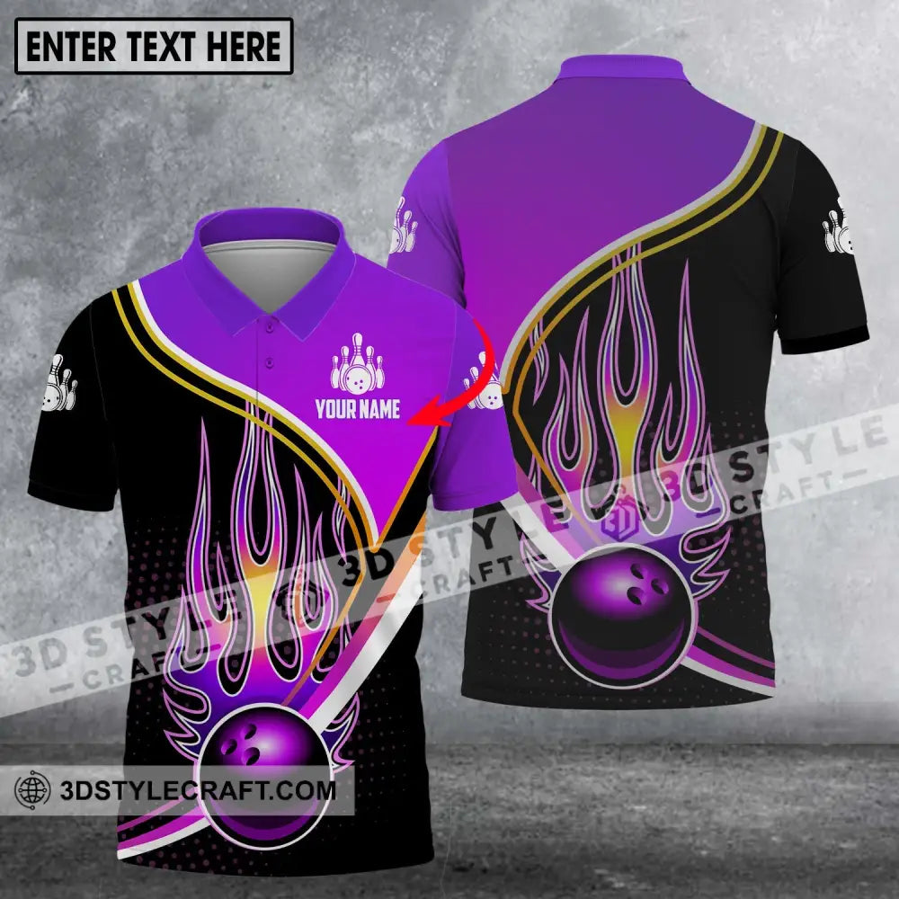 Unisex Shirt - Custom Name Team Purple Bowling Ball Fire Polo / S T-Shirt