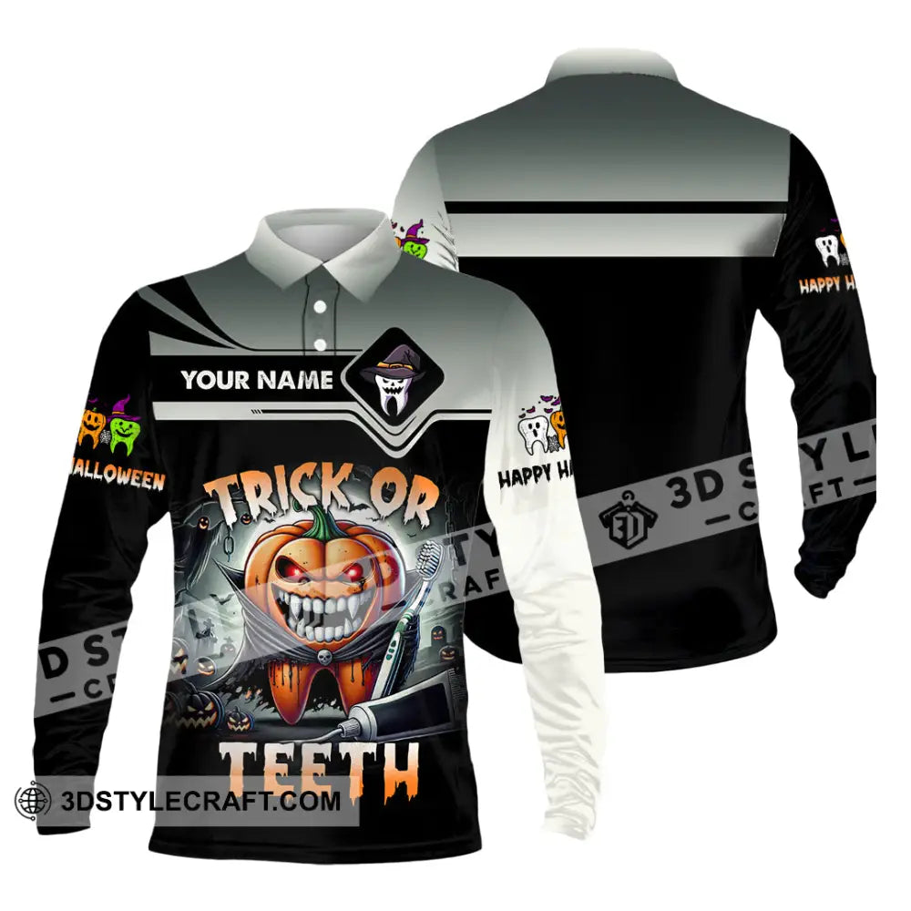 Unisex Shirt Custom Name Trick Or Teeth Halloween Polo Long Sleeve Gift / S T-Shirt