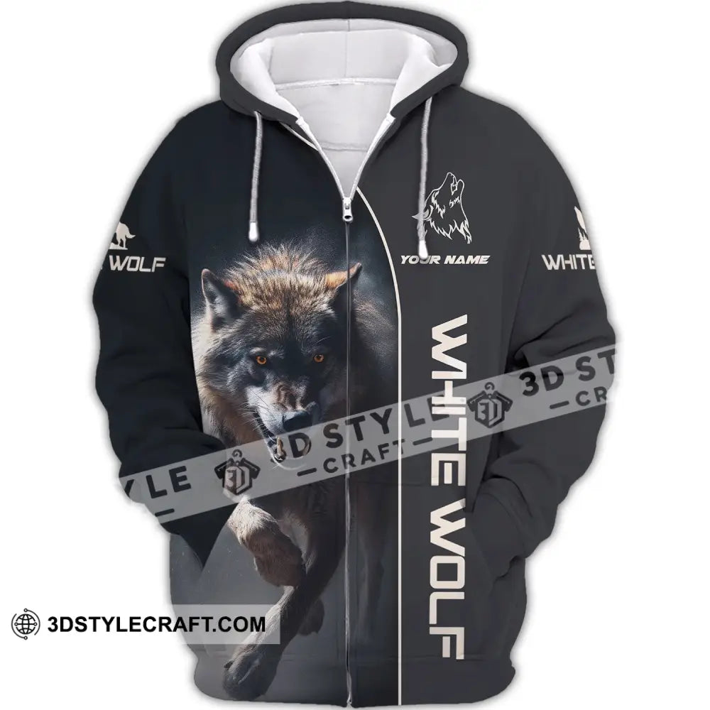 Unisex Shirt - Custom Name White Wolf Zipper Hoodie / S T-Shirt