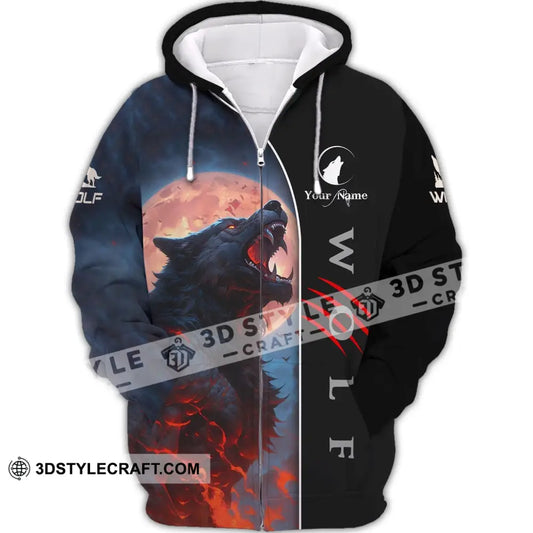 Unisex Shirt - Custom Name Wolf And Red Moon Zipper Hoodie / S T-Shirt