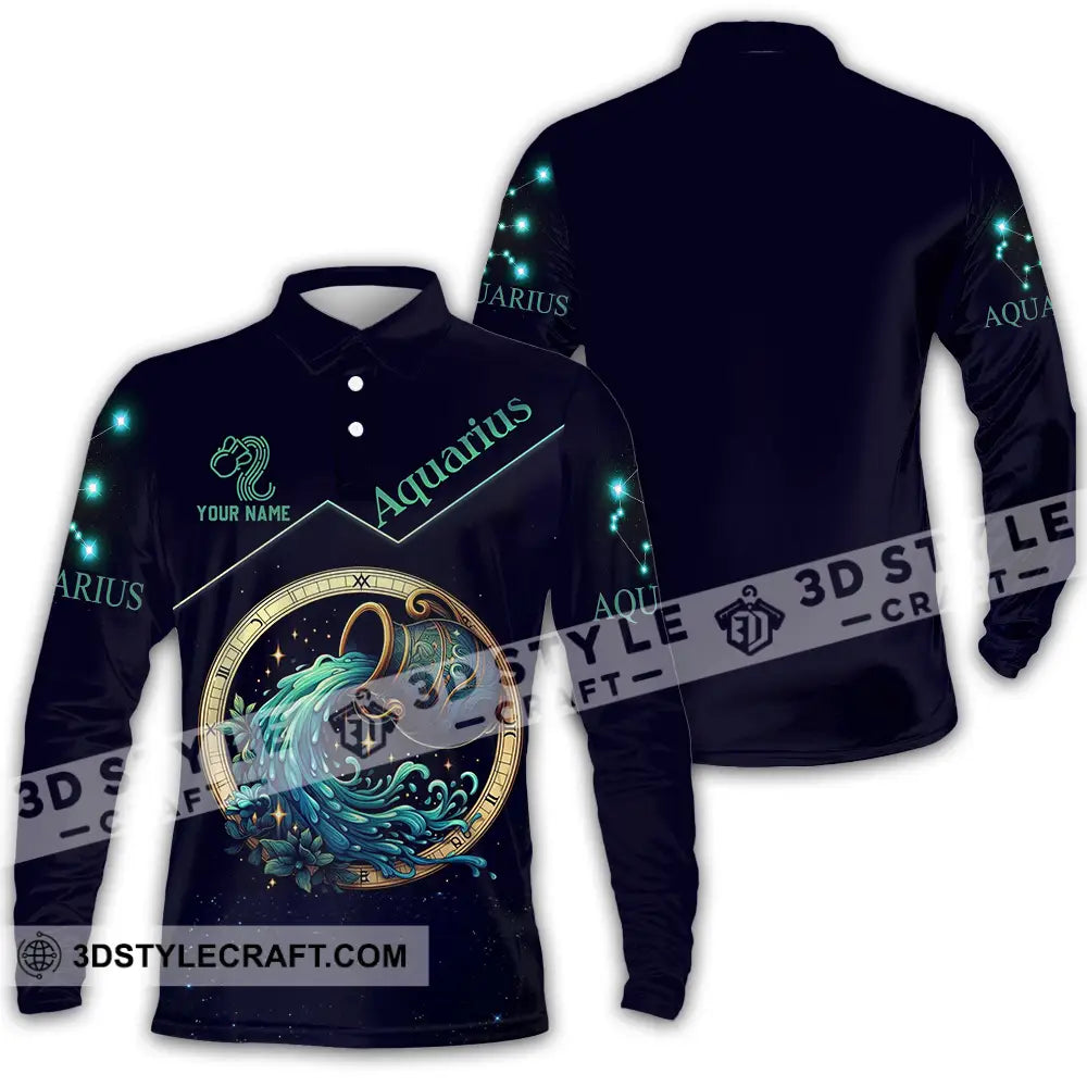 Unisex Shirt - Custom Text Aquarius Long Sleeve Polo / S T-Shirt