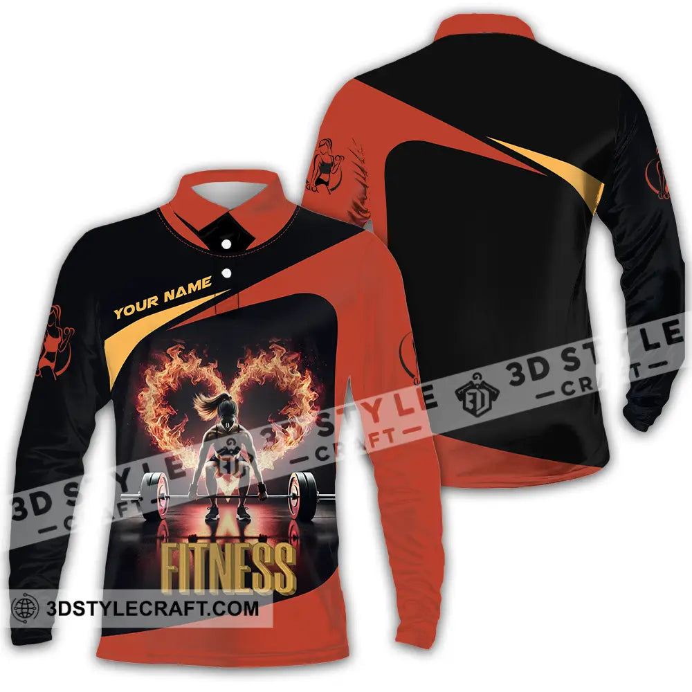 Unisex Shirt - Custom Text Fitness Fire Heart Long Sleeve Polo / S T-Shirt