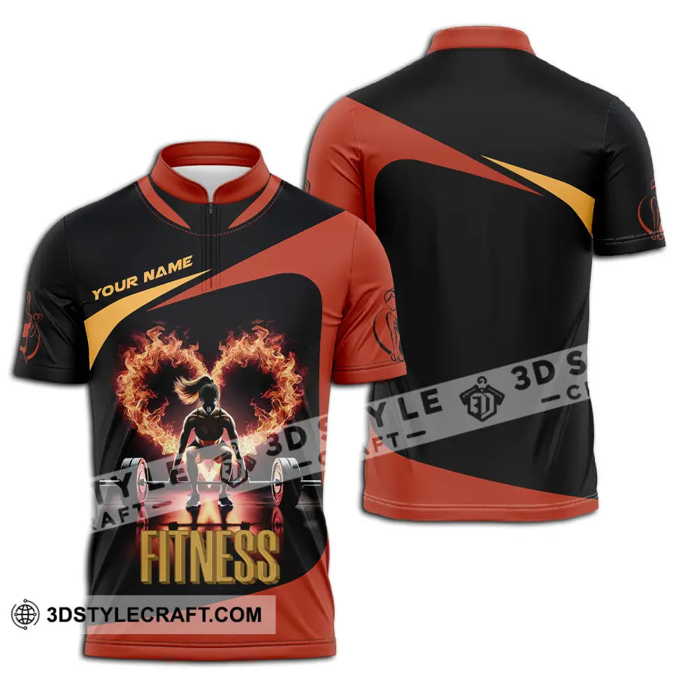 Unisex Shirt - Custom Text Fitness Fire Heart Zipper Polo / S T-Shirt