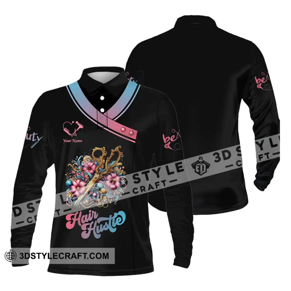 Unisex Shirt - Custom Text Hair Hustle Shirt Long Sleeve Polo / S T-shirt