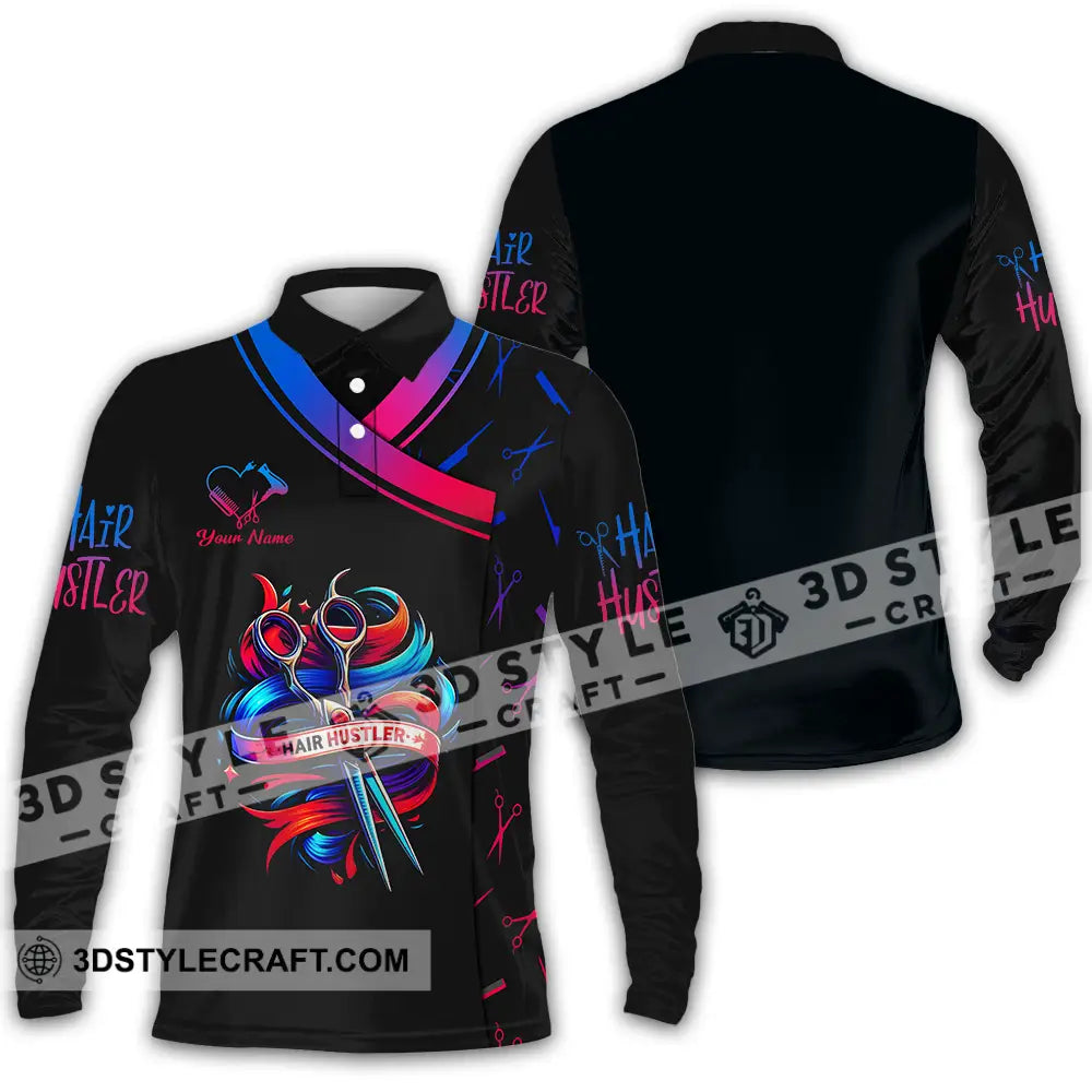 Unisex Shirt - Custom Text Hair Hustler Long Sleeve Polo / S T-Shirt
