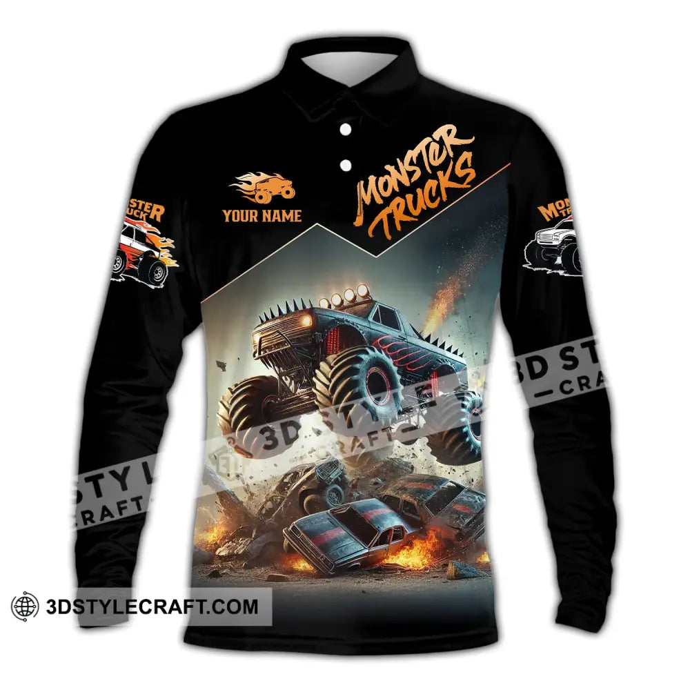 Unisex Shirt - Custom Text Monster Trucks Long Sleeve Polo / S T-Shirt