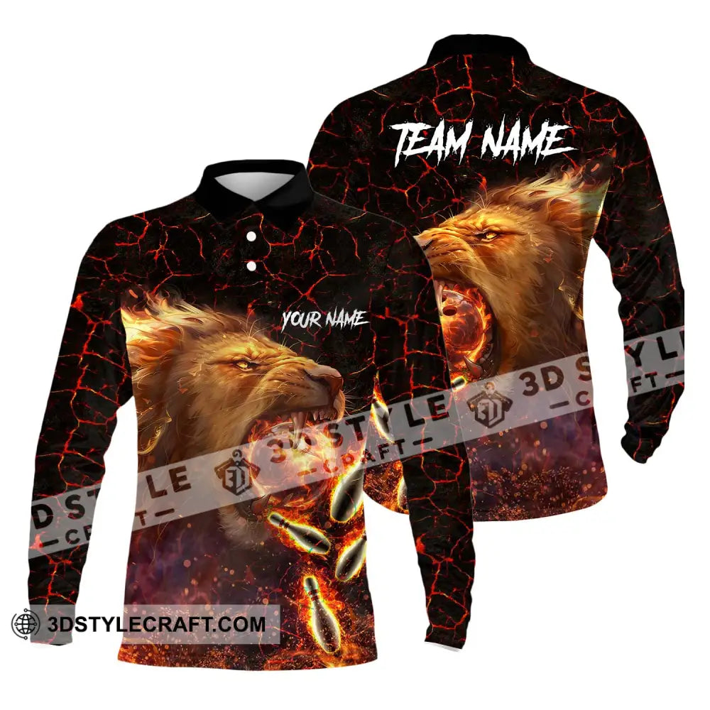 Unisex Shirt - Custom Texts Fire Lion Bowling Sport For Player Long Sleeve Polo / S T-Shirt