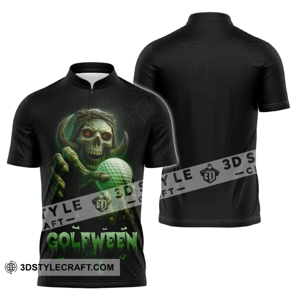 Unisex Shirt - Hello Darkness Skeleton Funny Skull Golf Golfween Halloween Golf Player Shirt Zipper Polo Shirt / S