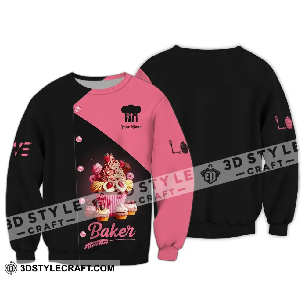 Woman Shirt Custom Name Bakery Baker Pink Cake Chef Apparel Baking Lovers Gift Long Sleeve / S