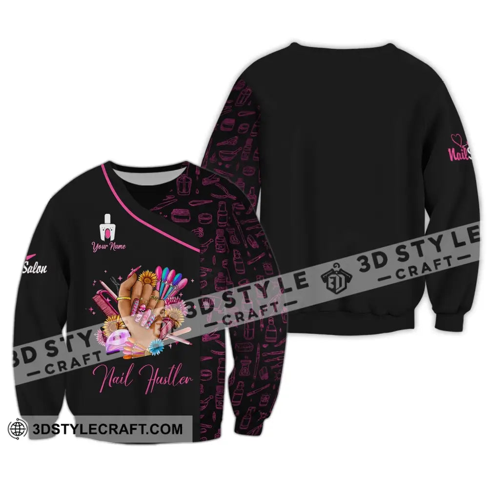 Woman Shirt Custom Name Nail Artist Hustler Salon T-Shirt Long Sleeve / S