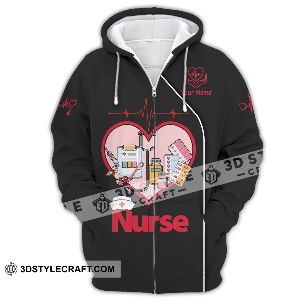 Woman Shirt Custom Name Nurse Polo Long Sleeve Love T-Shirt Zipper Hoodie / S T-Shirt