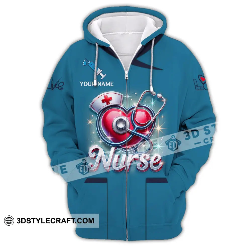 Woman Shirt Custom Name Nurse Polo Long Sleeve Love T-Shirt Zipper Hoodie / S T-Shirt